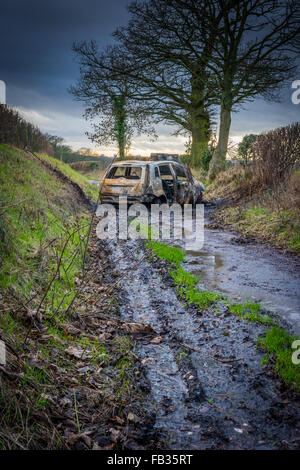 A stolen burned out car dumped down a country lane in Essington  Wolverhampton West midlands UK Stock Photo