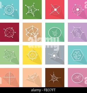 Flat Icons, Illustration Set of 16 Geometry Graph, Spider Connection Graph, Star Graph and Radar Chart Icons. Stock Vector