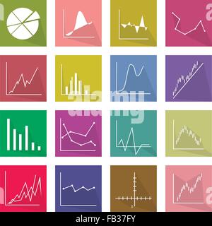 Flat Icons, Illustration Set of 16 Business Graph and Chart Icon Labels. Stock Vector