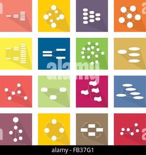 Flat Icons, Illustration Set of 16 Family, Team Tree Chart Diagram, Flow Chart and Graph Icon Labels. Stock Vector