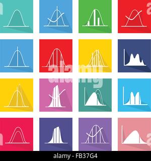 Flat Icons, Illustration Set of 16 Gaussian, Bell or Normal Distribution Curve Icon Labels. Stock Vector