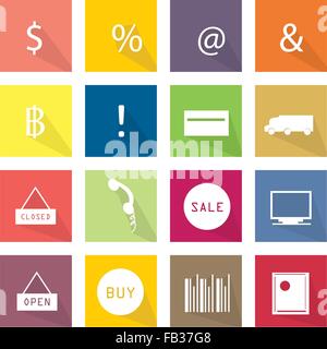 Flat Icons, Illustration Set of 16 Business and E-commerce Item Icon Labels. Stock Vector