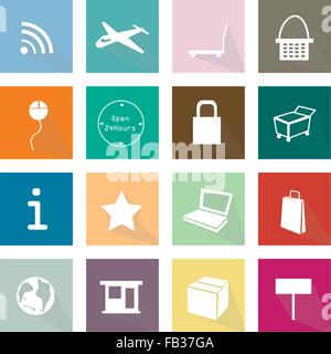 Flat Icons, Illustration Set of 16 Online Shopping and E-commerce Item Icon Labels. Stock Vector
