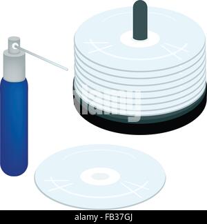 Computer and Technology, CD or DVD Compact Disc with Cleaning Liquid or Cleaning Solution Isolated on White Background. Stock Vector