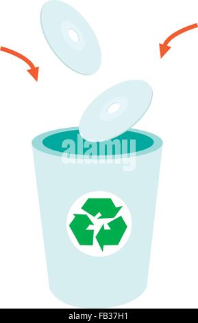 Go Green, Illustration of Throw Away The Data Loss CD or DVD Compact Disc in Recycle Trash Can. Stock Vector