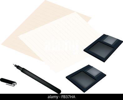 Computer and Technology, Floppy Disk or Diskette and Pen Lying on Blank Paper Isolated on White Background. Stock Vector