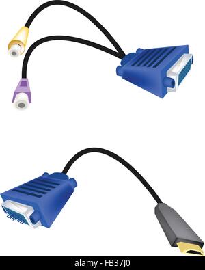 Computer and Technology, Illustration of VGA Monitor Cables or DVI Digital Video Interface to RCA and HDMI Cables  For Computer Stock Vector