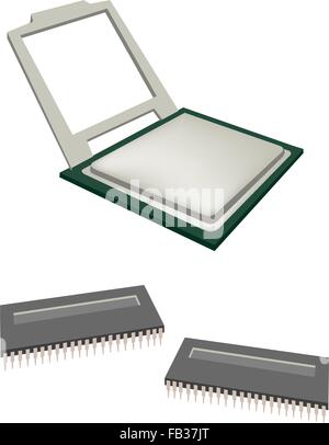 Computer and  Technology, Illustration of Central Processing Unit Chip or CPU Processor and Pins Isolated on White Background. Stock Vector