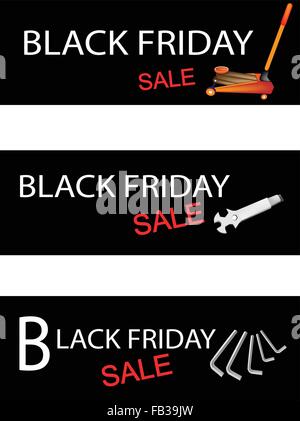 Illustration of Car Jack and Repair Tools Kits on Black Friday Shopping Labels for Start Christmas Shopping Season. Stock Vector