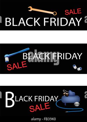 Illustration of Air Compressor with Repair Tools Kits on Black Friday Shopping Labels for Start Christmas Shopping Season. Stock Vector