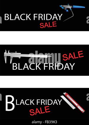 Illustration of Airbrush Painting, Utility Knife and Vernier Caliper on Black Friday Shopping Labels for Start Christmas Shoppin Stock Vector