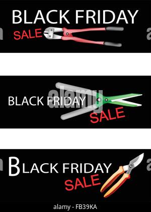 Illustration of Gardening Equipment and Cutting Tools on Black Friday Shopping Labels for Start Christmas Shopping Season. Stock Vector