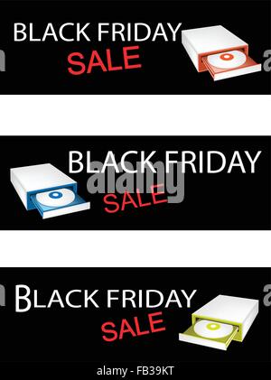 Illustration of Computer CD-ROM Disk Drive on Black Friday Shopping Labels for Start Christmas Shopping Season. Stock Vector