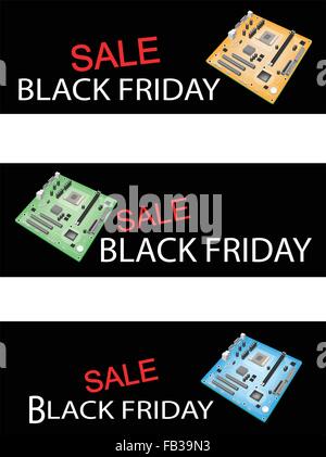 Illustration of Computer Mother Board or Computer Mainboard on Black Friday Shopping Labels for Start Christmas Shopping Season. Stock Vector