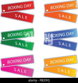 Glossy Sticker in Blue, Red, Green and Orange Colors with Boxing Day Sale Wording, Sign for Start Christmas Shopping Season. Stock Vector