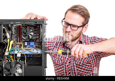 Technician repair assembles computer. Stock Photo