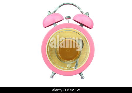 conceptual art : coffee time : coffee within pink alarm clock isolated on white background Stock Photo