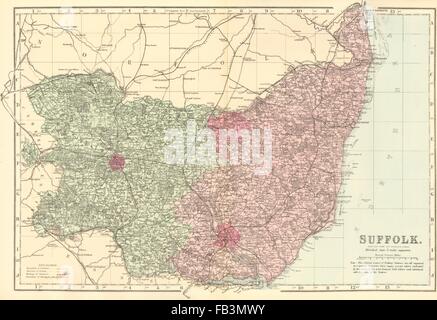 SUFFOLK antique county map by GW BACON 1885 old vintage plan chart ...