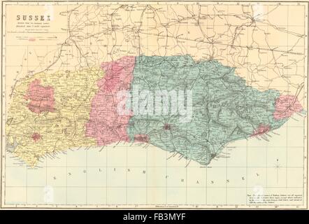 SUSSEX antique county map by GW BACON 1891 old vintage plan chart Stock ...