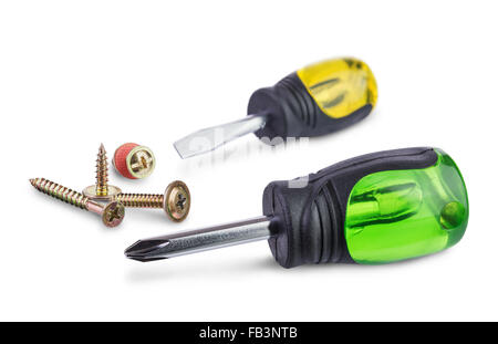 multicolored  short screwdrivers and different screws isolated on white Stock Photo