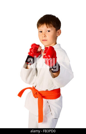 A young boy aikido fighter in white kimono Stock Photo