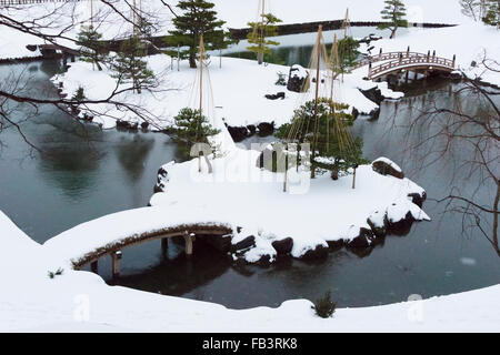 Grounds in Kanazawa Castle covered with snow, Kanazawa, Ishikawa Prefecture, Japan Stock Photo