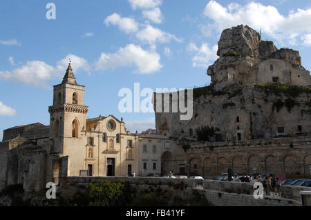 Historic town Matera di Sassi, Church San Pietro and cliff with caves,  Basilicata, Italy Stock Photo