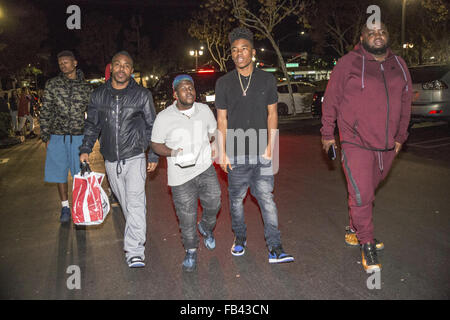 Tyrin Turner and rapper Lil Caine The Artist leaving BJ’s with friends in Thousand Oaks  Featuring: Tyrin Turner, Lil Caine The Artist Where: Thousand Oaks, California, United States When: 08 Dec 2015 Stock Photo