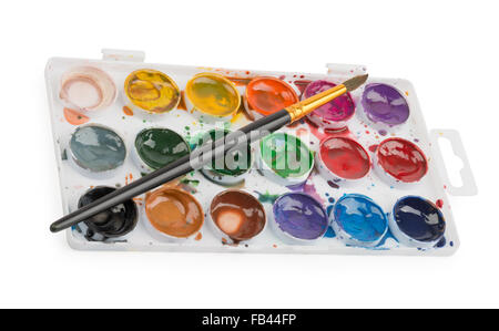 Watercolor paints in palette with the brush for drawing Stock Photo