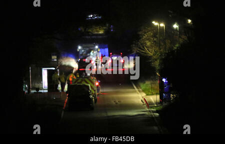 Gosport, Hampshire, UK. 8th January, 2016. A woman is seriously ill after being hit by a First Eclipse Bus on the Fareham to Gosport Bus route. Emergency services rushed to the scene just after 7:30 this evening. Police have cordon off the entrances near to the Bedenham Primary School. One shocked resident said she believed that the  woman had been  walking down the  road  when she was struck by the bus the E1  that was destined for Fareham. Credit:  uknip/Alamy Live News Stock Photo