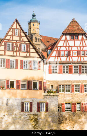 historic half timbered houses on the banks of river kocher, schwaebisch hall, baden-wuerttemberg, germany Stock Photo