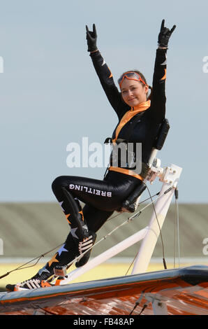AeroSuperBatics Ltd is a British aerobatics and wingwalking team. As of 2011 they are the Breitling Wingwalkers. Wing walker Danielle Hughes Stock Photo