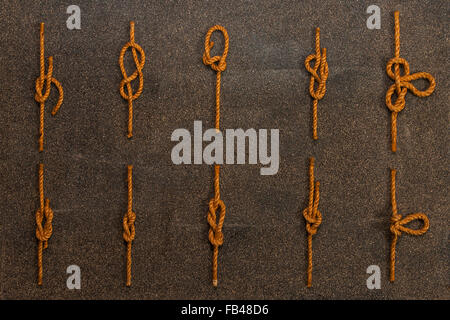 Wall of various rope tie knots Stock Photo