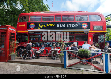 Café in an english double decker bus at Bakken, Klampenborg, Copenhagen, Denmark Stock Photo