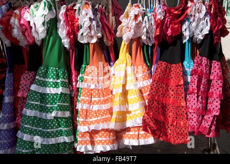 Childrens Flamenco dresses in Nerja, a sleepy Spanish Holiday resort on the Costa Del Sol  near Malaga, Andalucia, Spain, Europe Stock Photo
