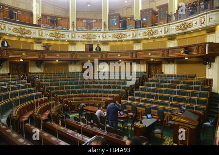 Cairo, Egypt. 9th Jan, 2016. Staff members make preparation inside the People's Assembly for the opening session of the new parliament in Cairo, Egypt, on Jan. 9, 2016. The first meeting of Egypt's newly elected parliament will kick off on Sunday. © Ahmed Gomaa/Xinhua/Alamy Live News Stock Photo