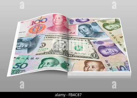 Many Yuan bills with the portrait of Mao Zedong lying side by side. In the middle lies a 1 U.S. Dollar bill. Stock Photo