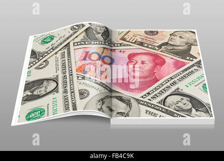 Many U.S. Dollar bills lying side by side. In the middle lies a Chinese 100 Yuan bill with the portrait of Mao Zedong Stock Photo