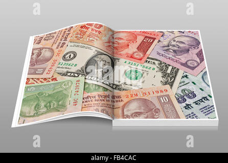 Many Indian rupee bills with the portrait of Mahatma Gandhi lying side by side. In the middle lies a 1 U.S. Dollar bill Stock Photo