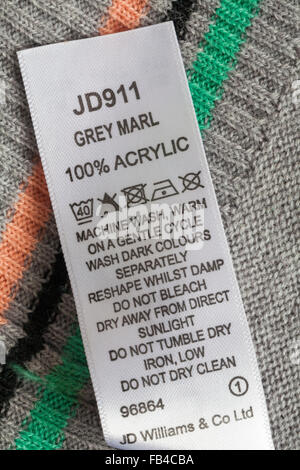 Care instructions in Note 100% acrylic jumper - care washing symbols and instructions Stock Photo