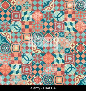 Traditional oriental mosaic seamless pattern background, patchwork design with grunge texture. Ornamental geometric elements. Stock Vector