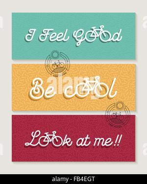 Bicycle concept banner label set. Motivation text quotes with bike outline elements and line art icon decoration. EPS10 vector. Stock Vector