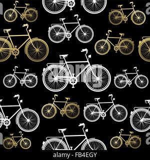 Bike seamless pattern, elegant concept design with bicycle outline silhouette in gold color. EPS10 vector. Stock Vector