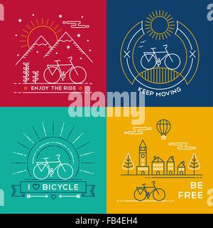 Set of bike poster designs in colorful line art style. Bicycle text quotes, nature, mountain and city elements. EPS10 vector. Stock Vector