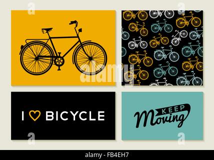Bike concept set: retro seamless pattern, poster and label elements with bicycle outline silhouettes text quotes. EPS10 vector. Stock Vector