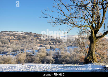 View of an English village in northern England on a bright and frosty winter morning. Stock Photo