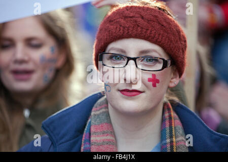London, UK. 9th January, 2016. Some nurses had painted messages and symbols on their faces for the march against Government plans to remove NHS bursaries. Credit:  Mark Kerrison/Alamy Live News Stock Photo