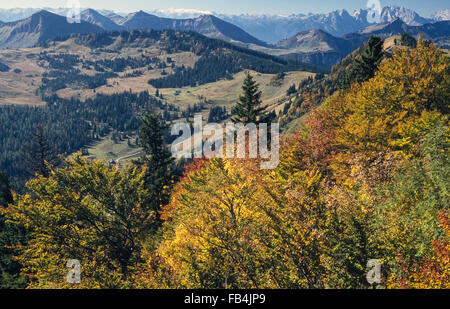 A panoramic view of rural Austria in autumn from the Zwolferhorn near St. Gilgen in the Salzkammergut region. Stock Photo