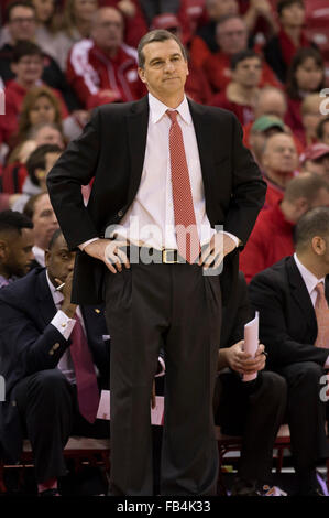 Madison, WI, USA. 9th Jan, 2016. Maryland coach Mark Turgeon looks on during the NCAA Basketball game between the Maryland Terrapins and the Wisconsin Badgers at the Kohl Center in Madison, WI. Maryland defeated Wisconsin 63-60. John Fisher/CSM/Alamy Live News Stock Photo