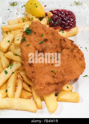 Breaded meat served with french fries, typical dish in Austria called Wiener Schnitzel. Stock Photo